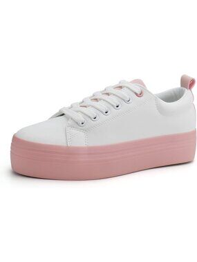 Women's White/Pink Comfortable Casual Walking Shoes Lace Up Platform Sneakers